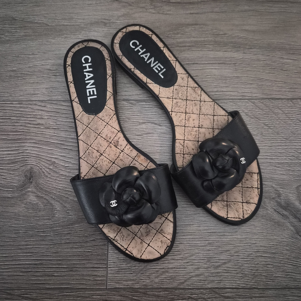 CHANEL Black Floral Slide Sandals